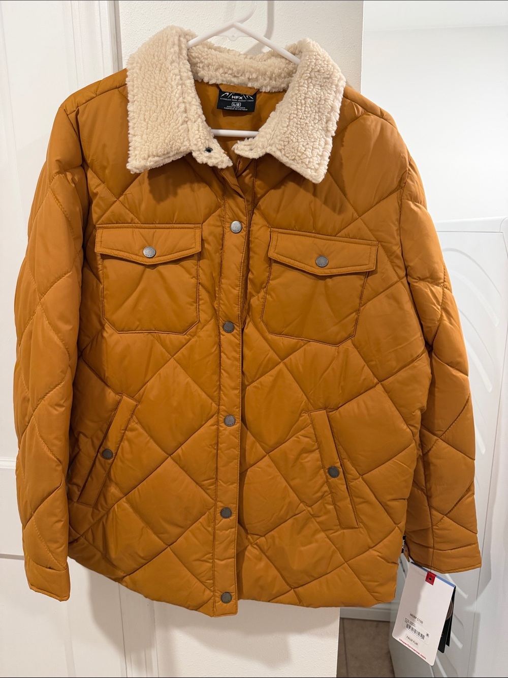 Sherpa-Collar Quilted Puffer Jacket in mustard Brown